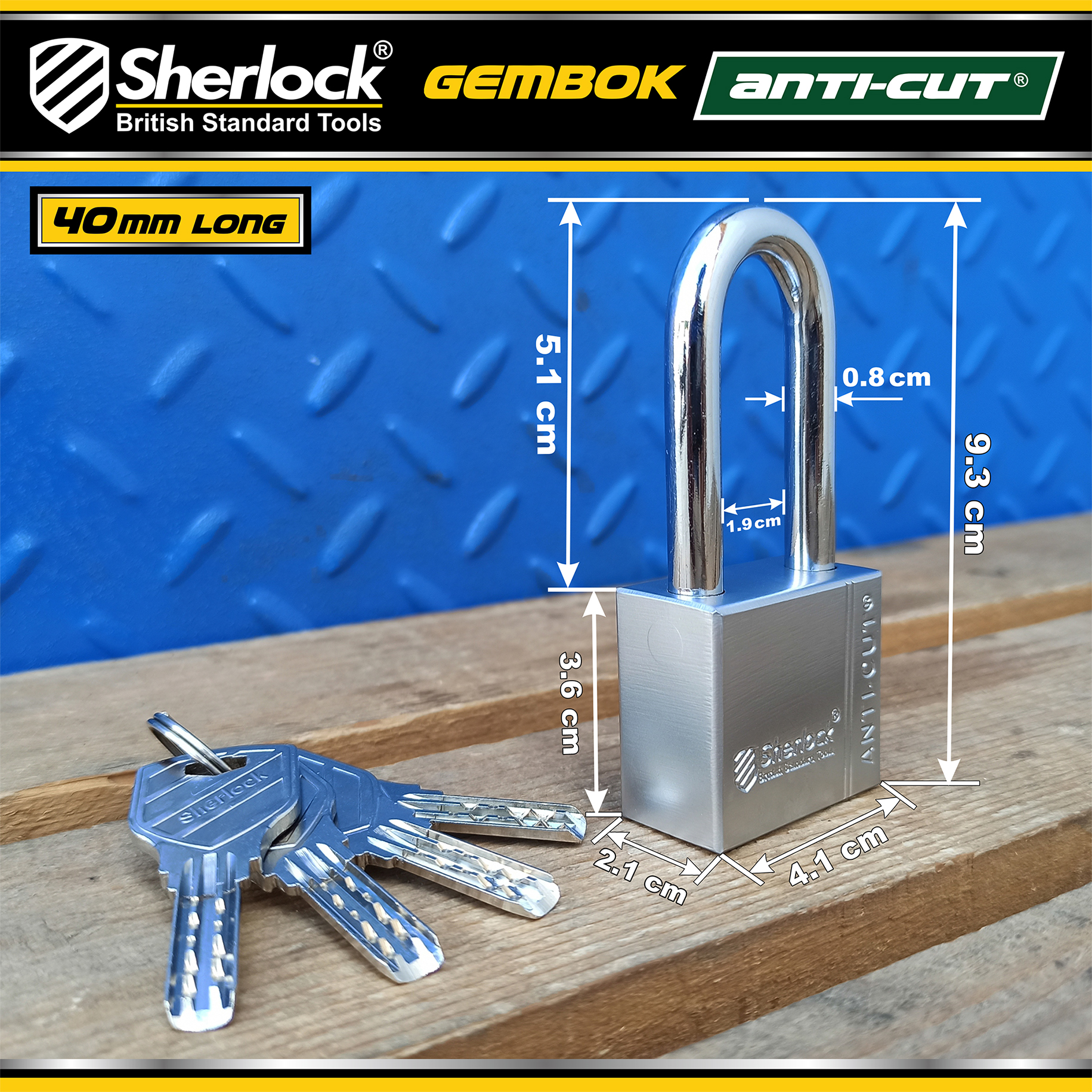 Sherlock Gembok ANTICUT 40mm (panjang) - NEW (08/24)